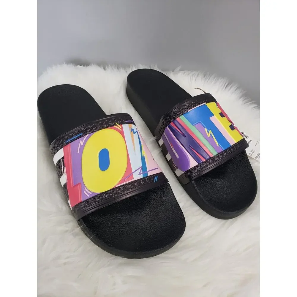 NEW Adidas Men 12 Adilette Slide Sandal Gay Pride LGBTQ Ally LOVE UNITES rainbow